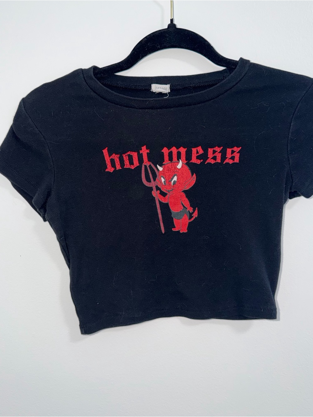 Garage Black Crop Tee with Red 'Hot Mess' Devil Graphic